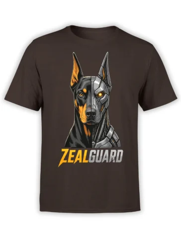 Cyberpunk dog guardian graphic with glowing eyes, silver armor, and bold lettering on a dark brown T-shirt