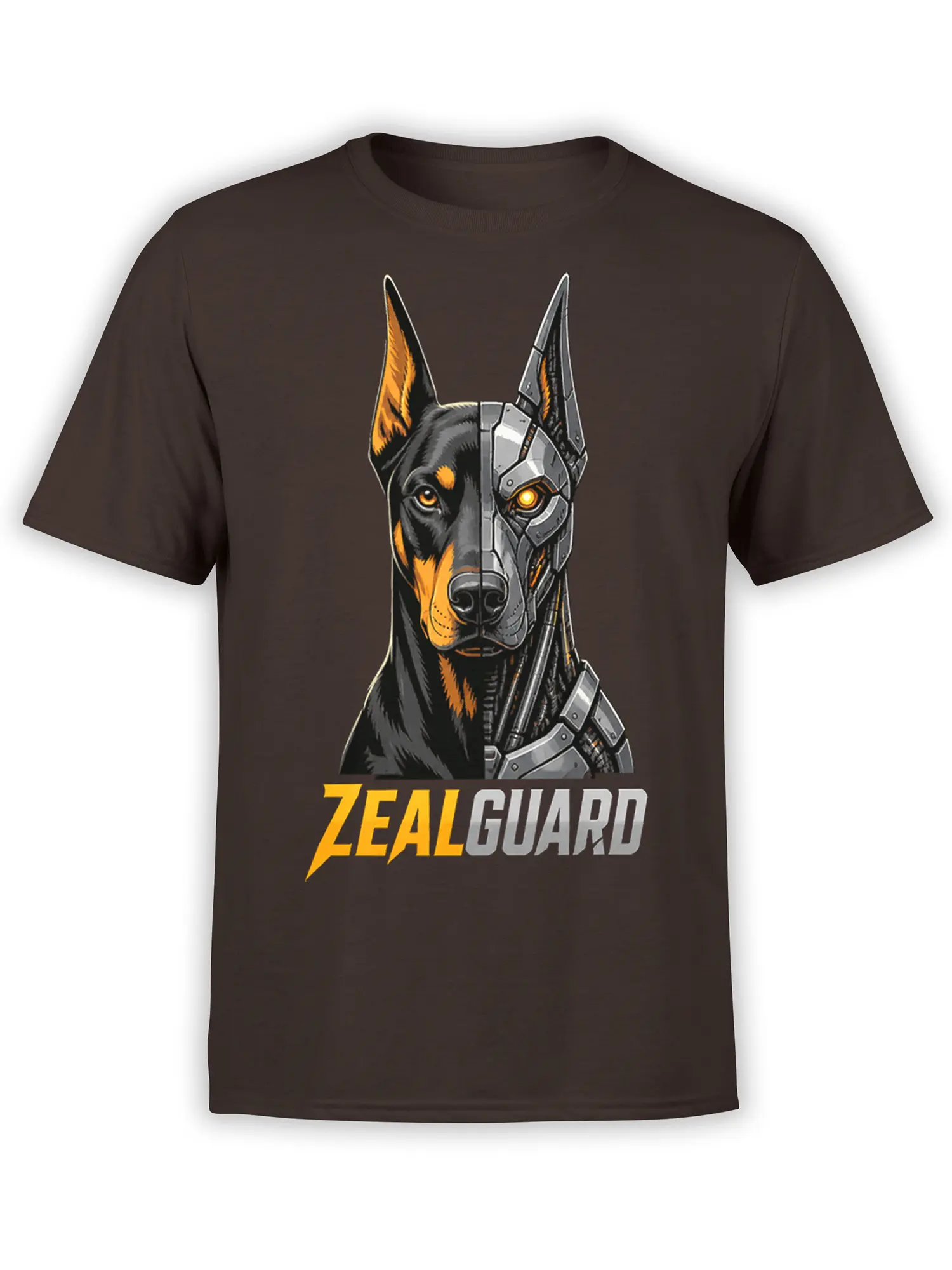 Cyberpunk dog guardian graphic with glowing eyes, silver armor, and bold lettering on a dark brown T-shirt