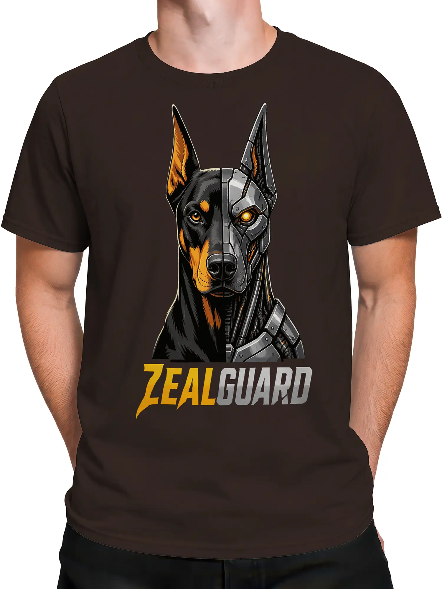 Male torso wearing a dark brown T-shirt with a split canine and robotic guardian design