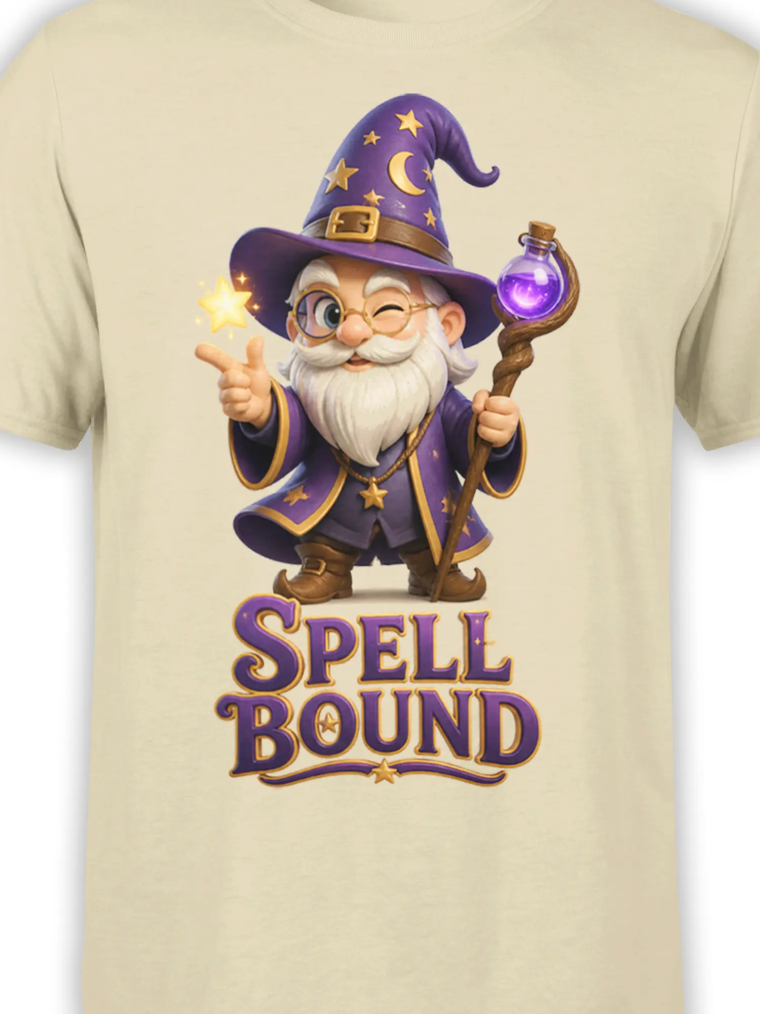Close-up of the beige wizard graphic with purple hat, golden stars, glowing potion, and bold SPELL BOUND lettering
