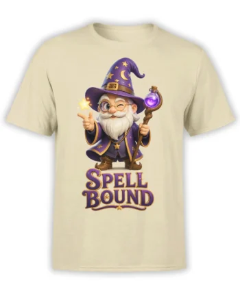 Beige wizard t-shirt featuring a bearded spell caster, purple robes, golden stars, potion staff, and SPELL BOUND text