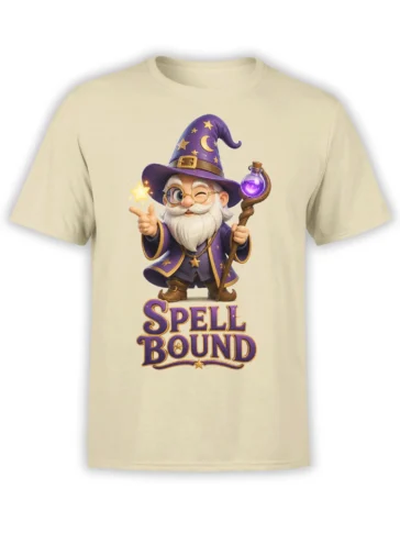 Beige wizard t-shirt featuring a bearded spell caster, purple robes, golden stars, potion staff, and SPELL BOUND text