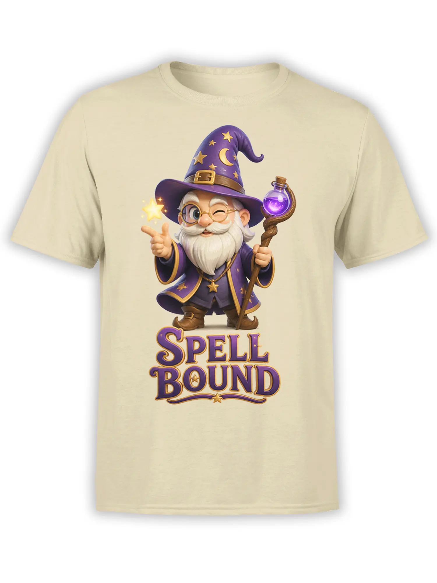 Beige wizard t-shirt featuring a bearded spell caster, purple robes, golden stars, potion staff, and SPELL BOUND text