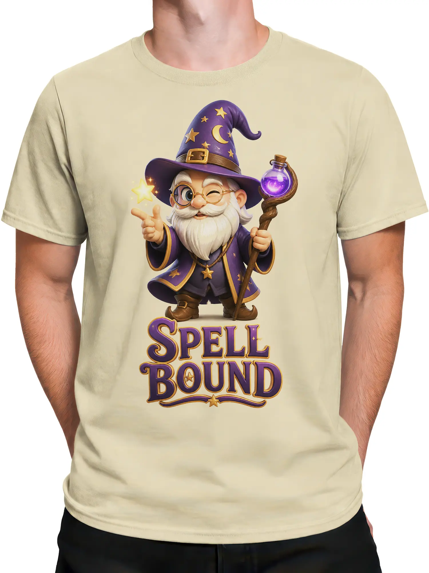 Male torso wearing a beige fantasy T-shirt with a bearded wizard, purple magic details, golden stars, and SPELL BOUND text
