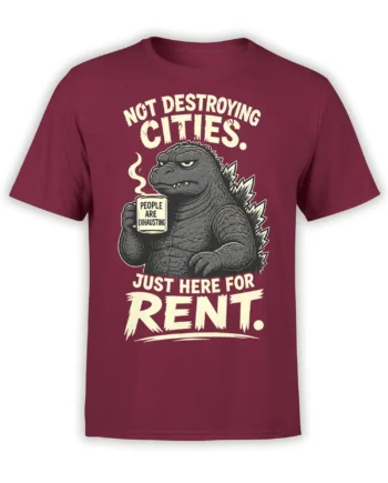 Gray grumpy monster holding a mug on a burgundy shirt with sarcastic rent lettering