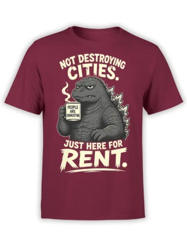 Gray grumpy monster holding a mug on a burgundy shirt with sarcastic rent lettering
