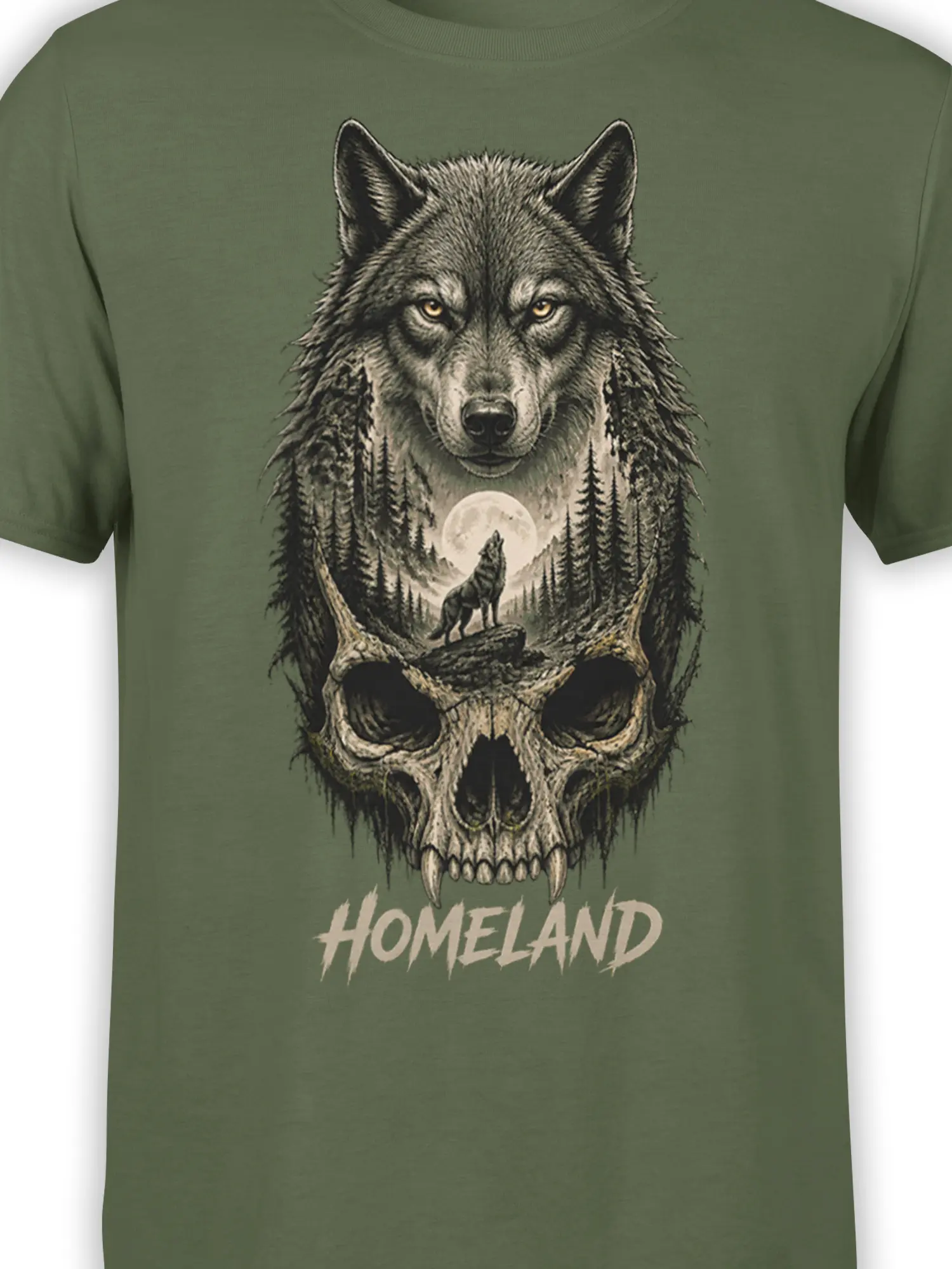 Close-up of wolf, skull, full moon, and pine forest artwork on an olive green graphic tee