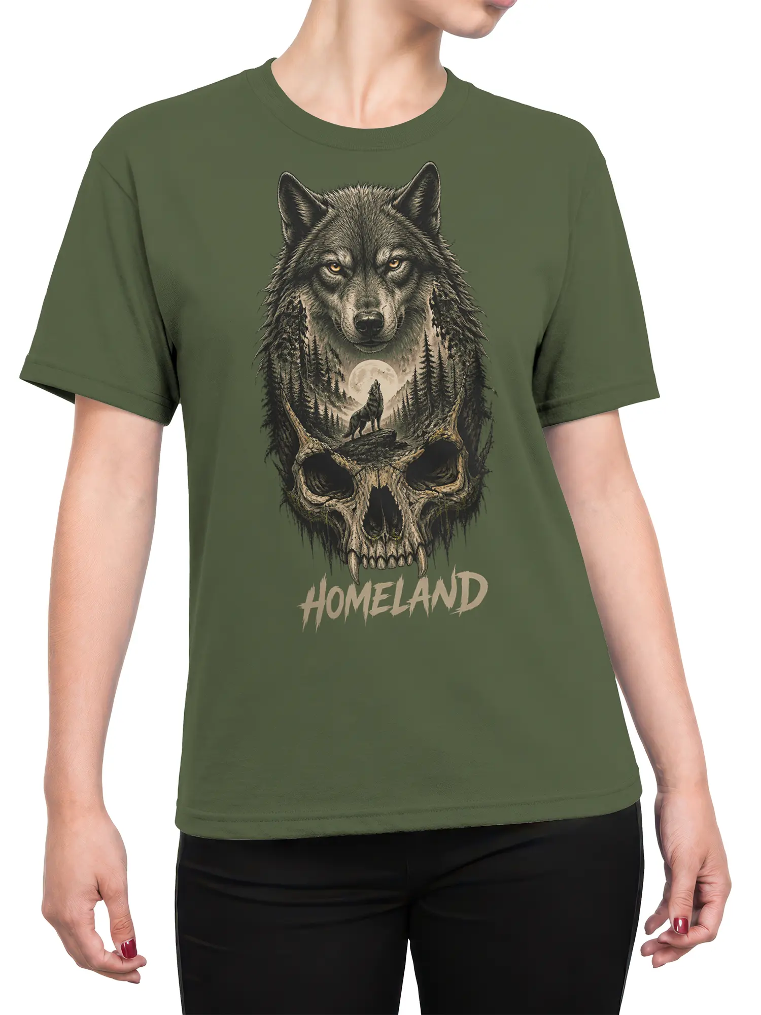 Female torso wearing an olive green wolf and skull graphic T-shirt with moonlit forest artwork