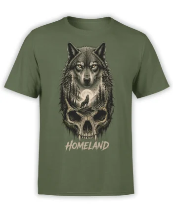 Olive green T-shirt with a wolf above a skull, moonlit pine forest, and Homeland text