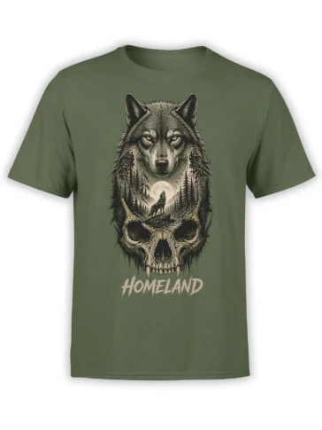 Olive green T-shirt with a wolf above a skull, moonlit pine forest, and Homeland text