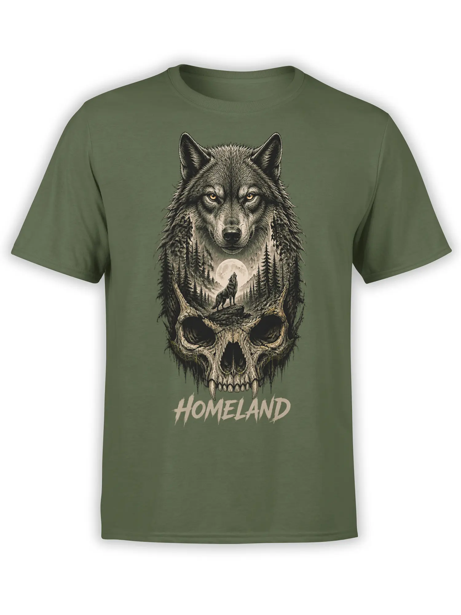 Olive green T-shirt with a wolf above a skull, moonlit pine forest, and Homeland text