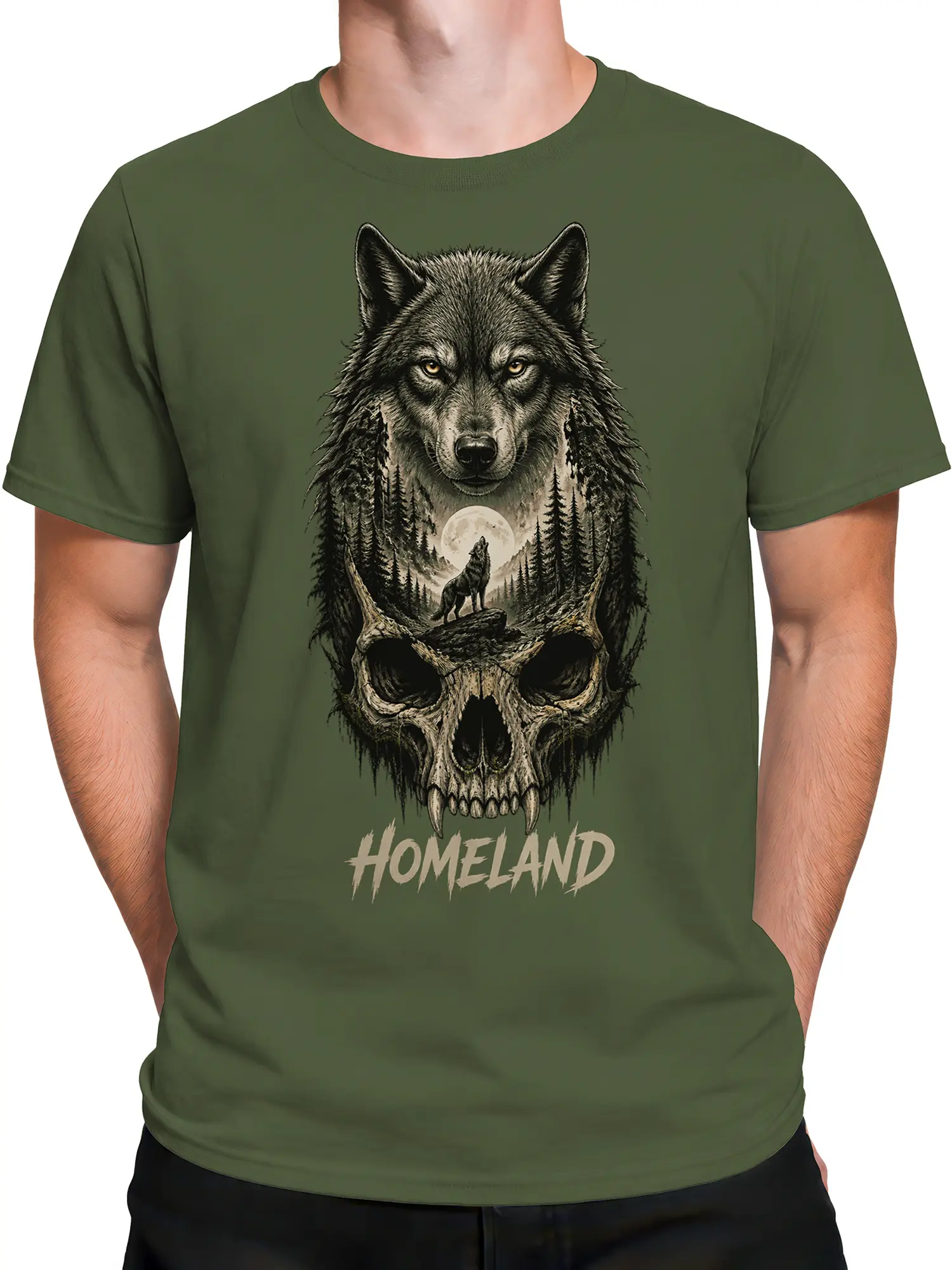 Male torso wearing an olive green wolf and skull graphic T-shirt with forest artwork