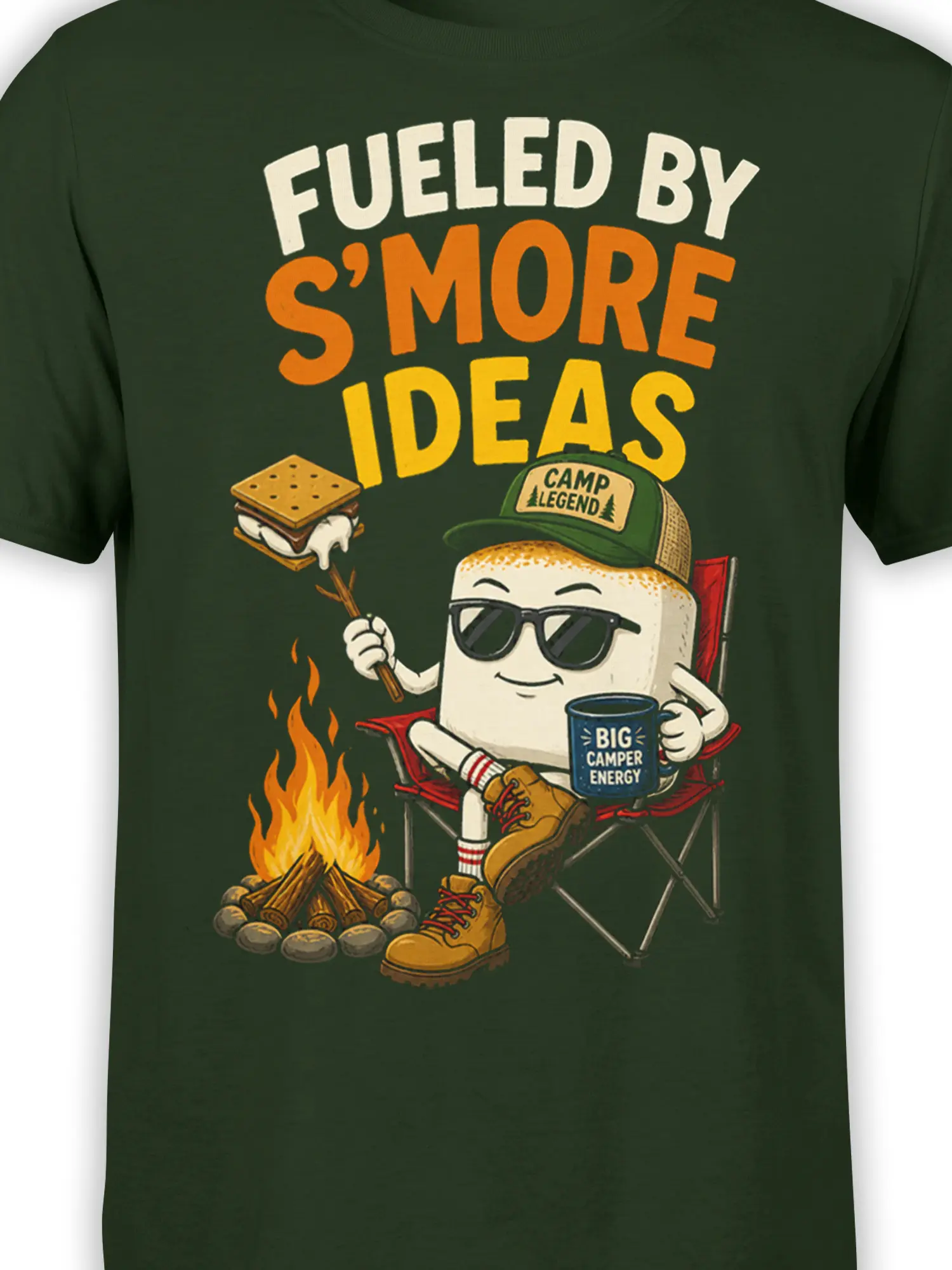 Close-up of the s'more camper, campfire, mug, and Fueled by S'more Ideas artwork on green fabric