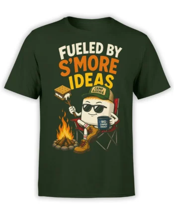 Green T-shirt with a sunglass-wearing s'more by a campfire and the phrase Fueled by S'more Ideas