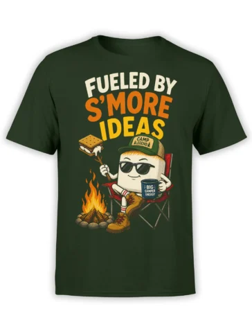 Green T-shirt with a sunglass-wearing s'more by a campfire and the phrase Fueled by S'more Ideas