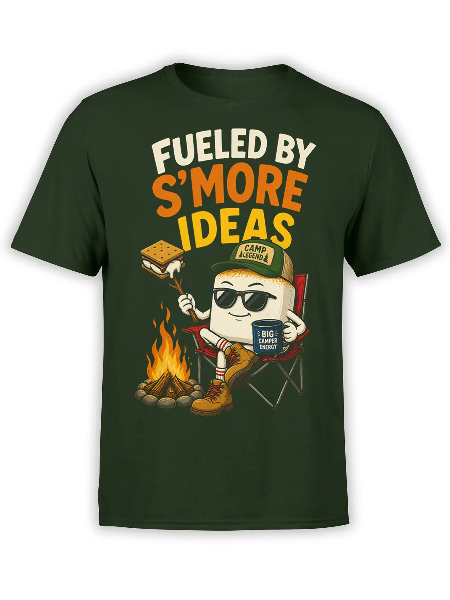 Green T-shirt with a sunglass-wearing s'more by a campfire and the phrase Fueled by S'more Ideas