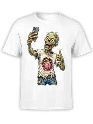 White T-shirt with a grinning green zombie taking a selfie and showing an exposed brain
