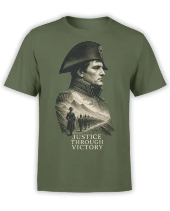 Green military t-shirt with a vintage commander portrait, marching soldiers, mountains, and “Justice Through Victory” text