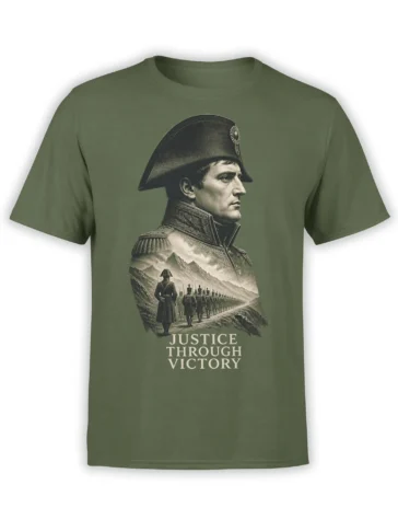 Green military t-shirt with a vintage commander portrait, marching soldiers, mountains, and “Justice Through Victory” text