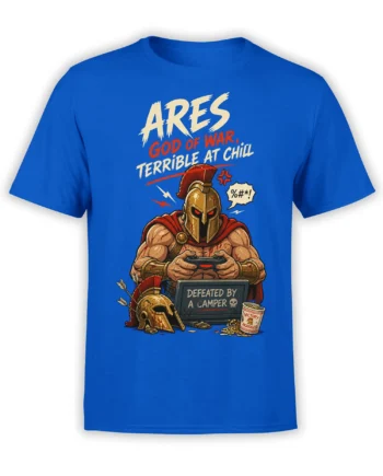 Blue T-shirt featuring a helmeted Ares-inspired warrior gamer defeated by a camper