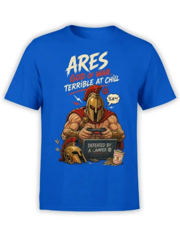 Blue T-shirt featuring a helmeted Ares-inspired warrior gamer defeated by a camper