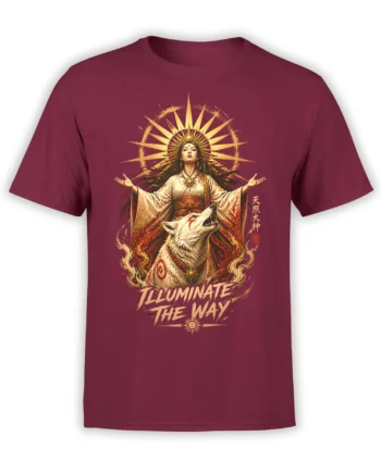 Radiant woman and white wolf graphic with golden rays and “Illuminate the Way” text on a burgundy shirt