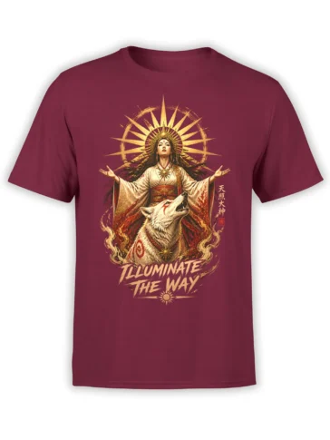 Radiant woman and white wolf graphic with golden rays and “Illuminate the Way” text on a burgundy shirt