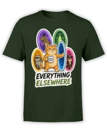 Dark green T-shirt with orange cat, colorful portals, alien, dinosaur, astronaut, pirate scenes, and “Everything Elsewhere” text