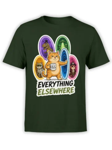 Dark green T-shirt with orange cat, colorful portals, alien, dinosaur, astronaut, pirate scenes, and “Everything Elsewhere” text