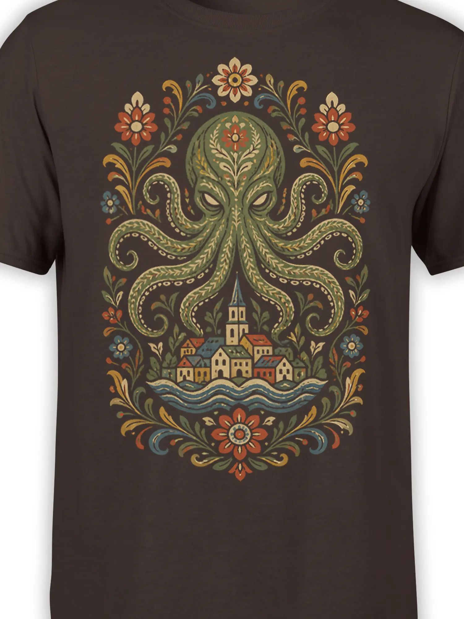 Close-up of the green octopus and folk floral village artwork printed on a brown T-shirt