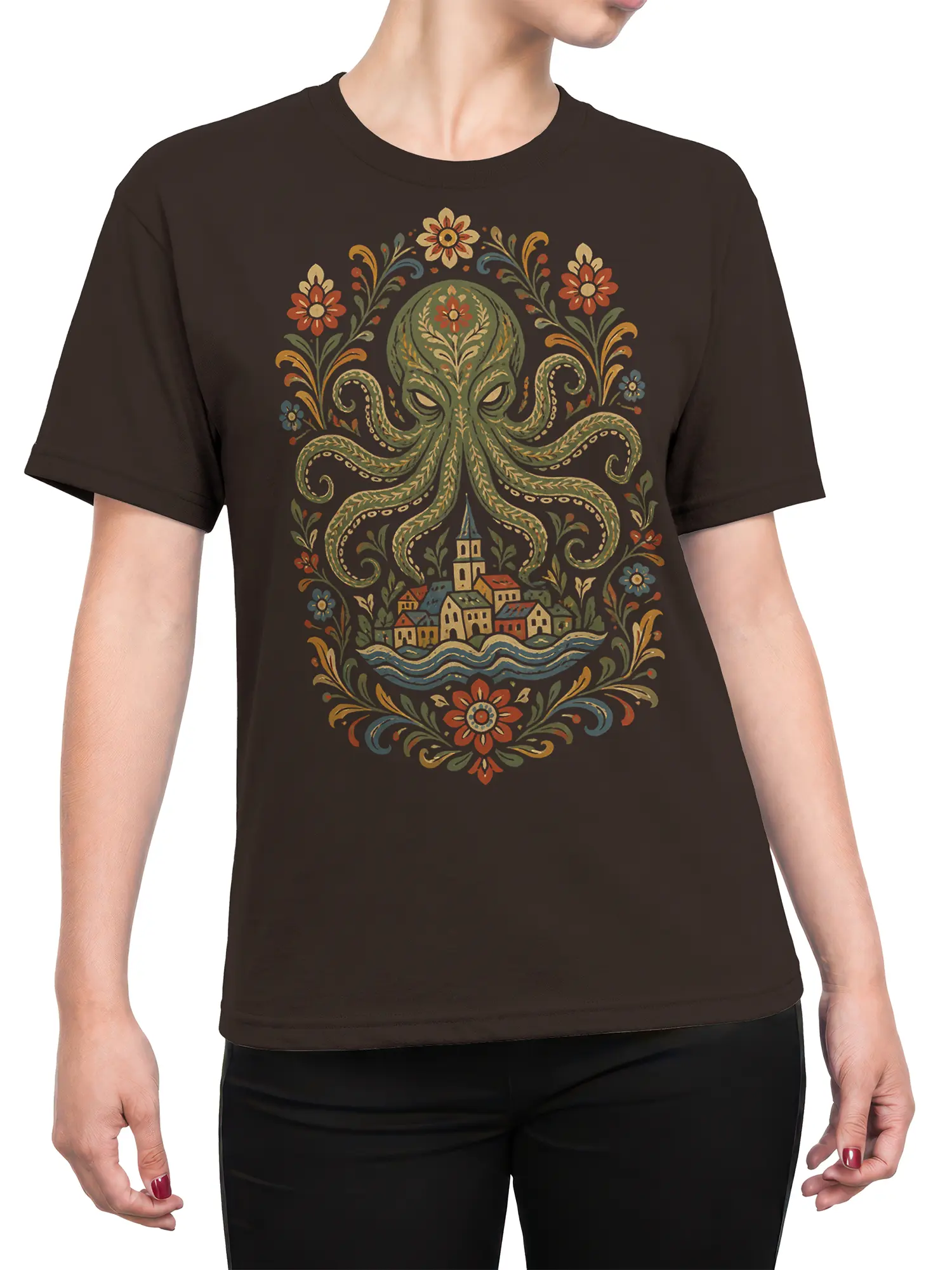 Female torso wearing a brown T-shirt with a floral octopus and riverside village graphic