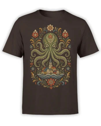 Brown T-shirt with a green octopus, riverside village, flowing water, and colorful folk flowers