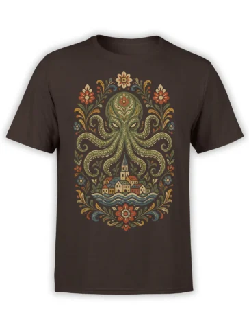 Brown T-shirt with a green octopus, riverside village, flowing water, and colorful folk flowers
