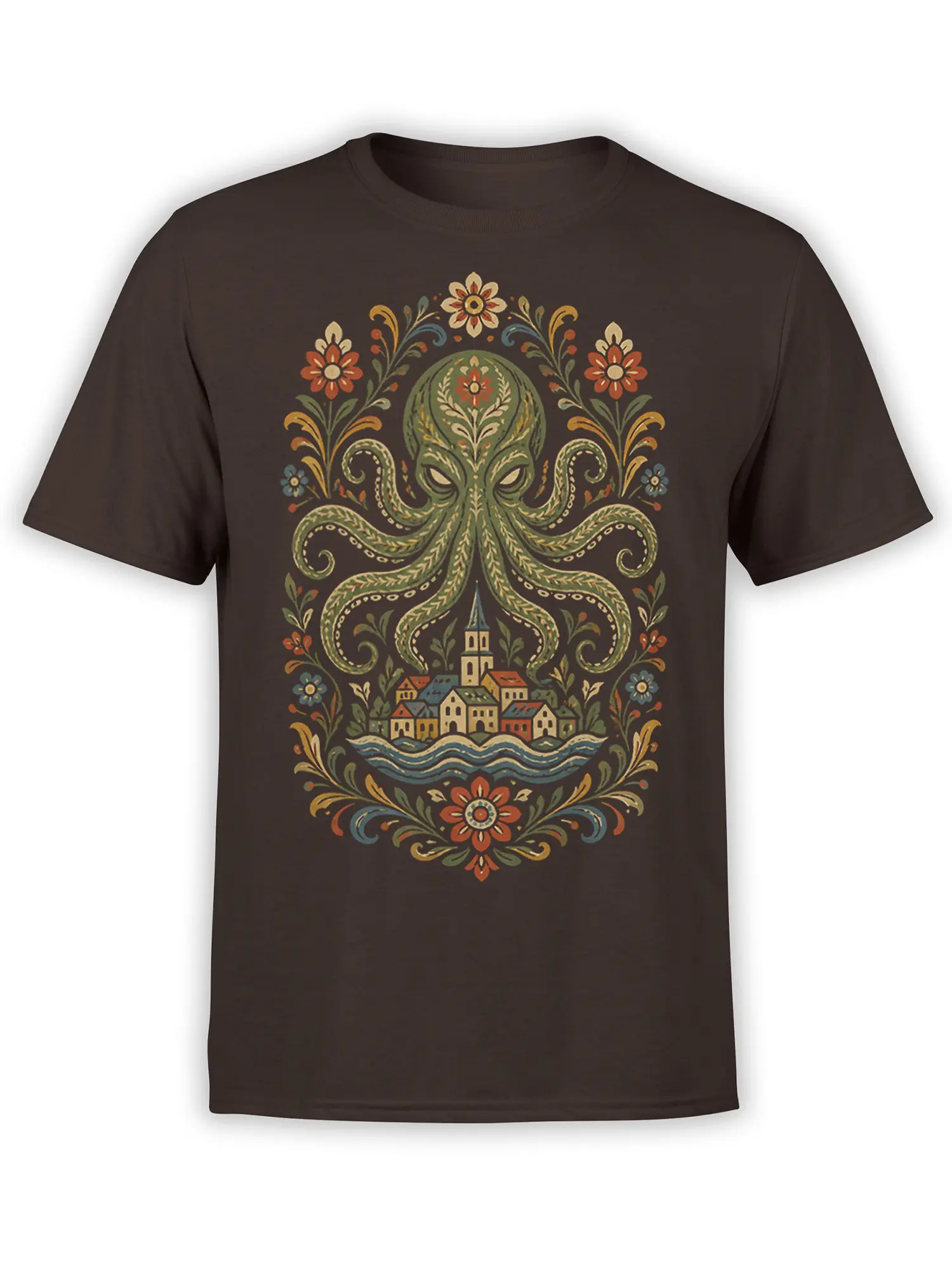 Brown T-shirt with a green octopus, riverside village, flowing water, and colorful folk flowers