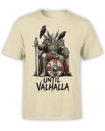 Beige Viking T-shirt with skeleton king, ravens, wolves, sword, shield, and Until Valhalla design