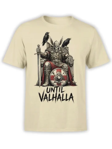 Beige Viking T-shirt with skeleton king, ravens, wolves, sword, shield, and Until Valhalla design