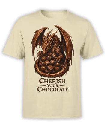 Beige dragon t-shirt with a brown winged dragon guarding chocolates and a Cherish Your Chocolate message