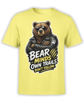 Brown bear in sunglasses and leather jacket graphic with an independent message on a yellow T-shirt