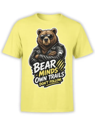 Brown bear in sunglasses and leather jacket graphic with an independent message on a yellow T-shirt