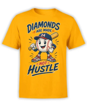 Yellow baseball T-shirt with a cheerful cartoon mascot, bat, number 24 cap, and anti-hustle slogan