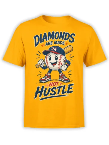 Yellow baseball T-shirt with a cheerful cartoon mascot, bat, number 24 cap, and anti-hustle slogan