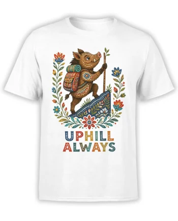 Folk-art boar hiker with backpack and flowers on a white UPHILL ALWAYS hiking T-shirt