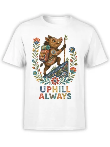 Folk-art boar hiker with backpack and flowers on a white UPHILL ALWAYS hiking T-shirt