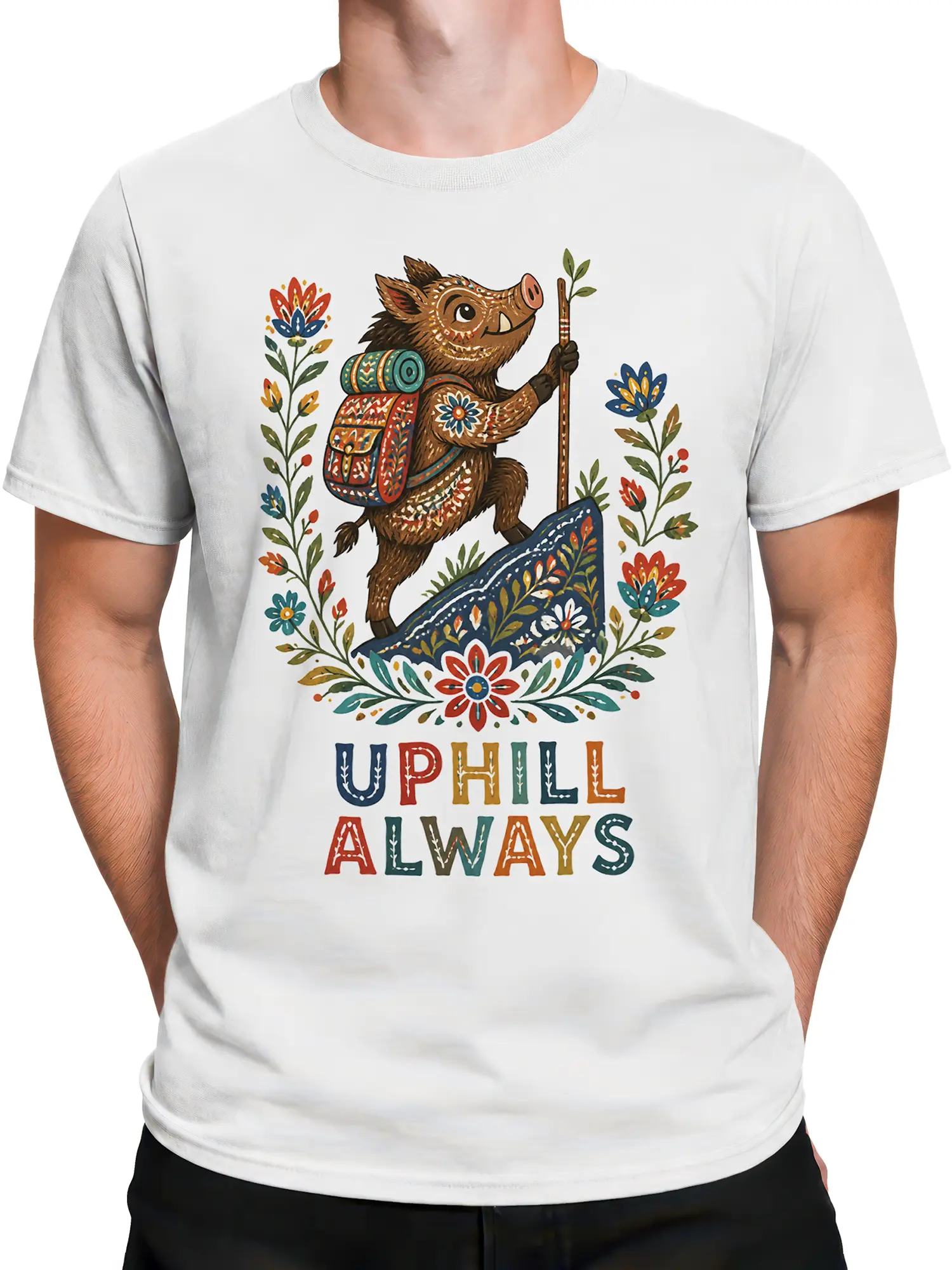 Male torso wearing a white UPHILL ALWAYS T-shirt with a colorful boar hiker and floral artwork