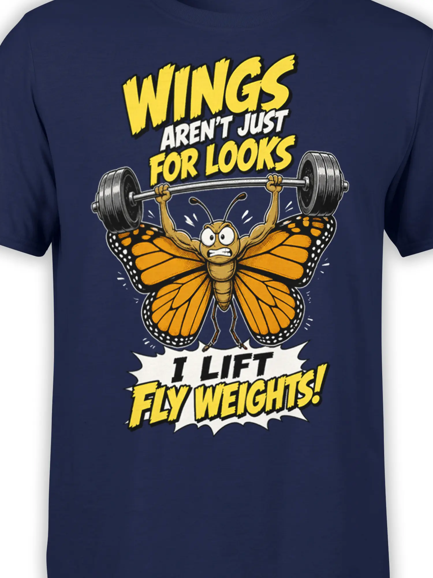 Close-up of butterfly weightlifting artwork with bold lettering on a navy graphic T-shirt