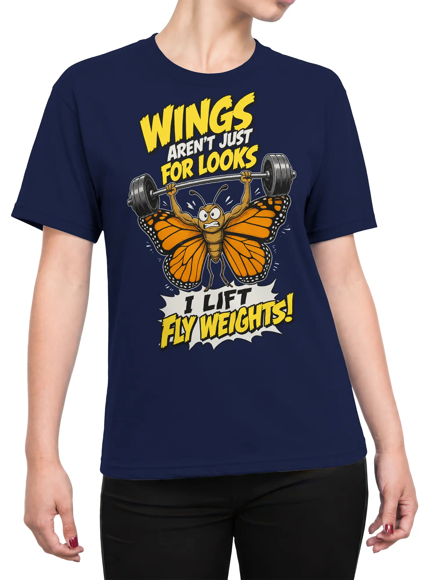 Female torso wearing a navy butterfly weightlifting graphic T-shirt with bold fitness lettering