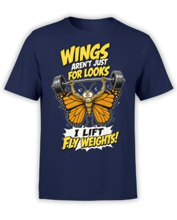 Yellow and orange butterfly lifting a barbell on a navy gym humor T-shirt