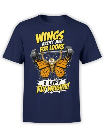 Yellow and orange butterfly lifting a barbell on a navy gym humor T-shirt