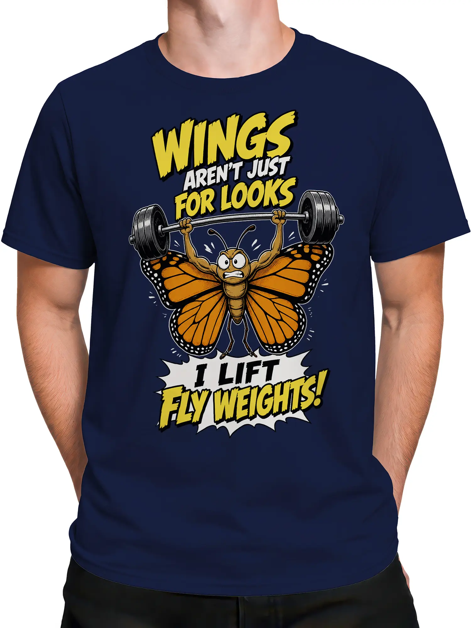 Male torso wearing a navy butterfly weightlifting graphic T-shirt with bold fitness lettering