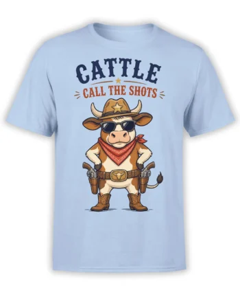 Light blue cow cowboy T-shirt with sunglasses, cowboy hat, red bandana, boots, and “CATTLE CALL THE SHOTS” text
